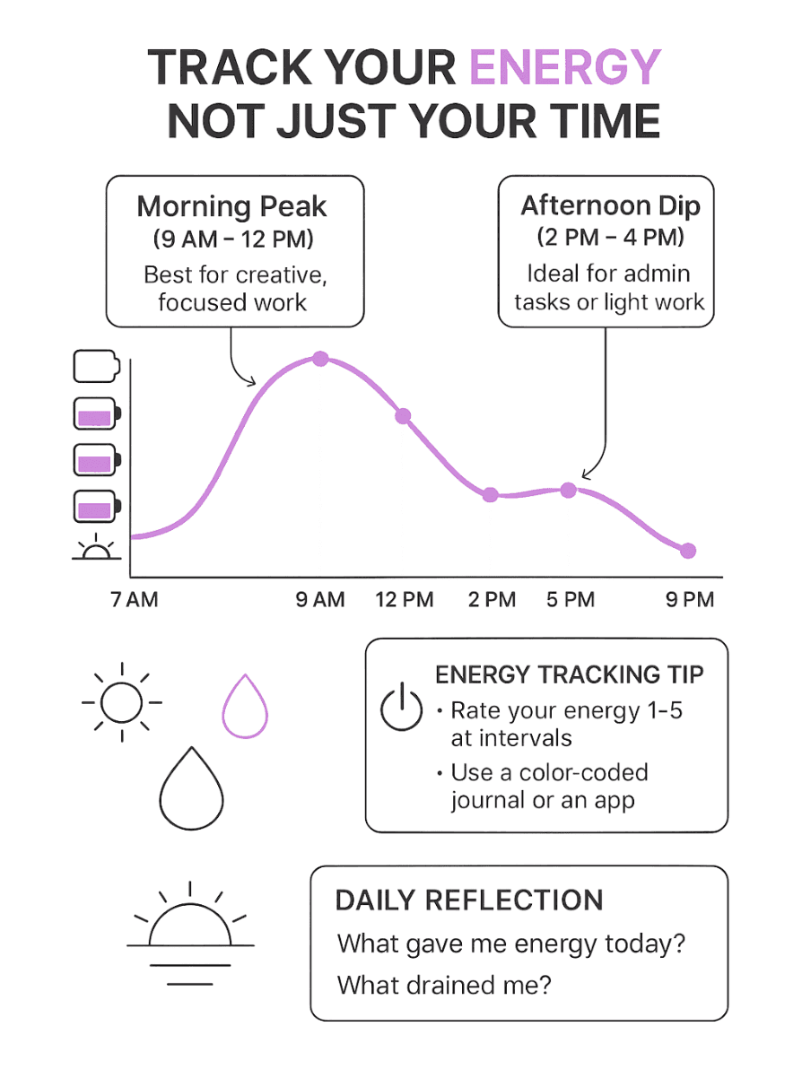 Infographic showing a personal energy tracker throughout the day with morning peaks and afternoon slumps for better remote work productivity.