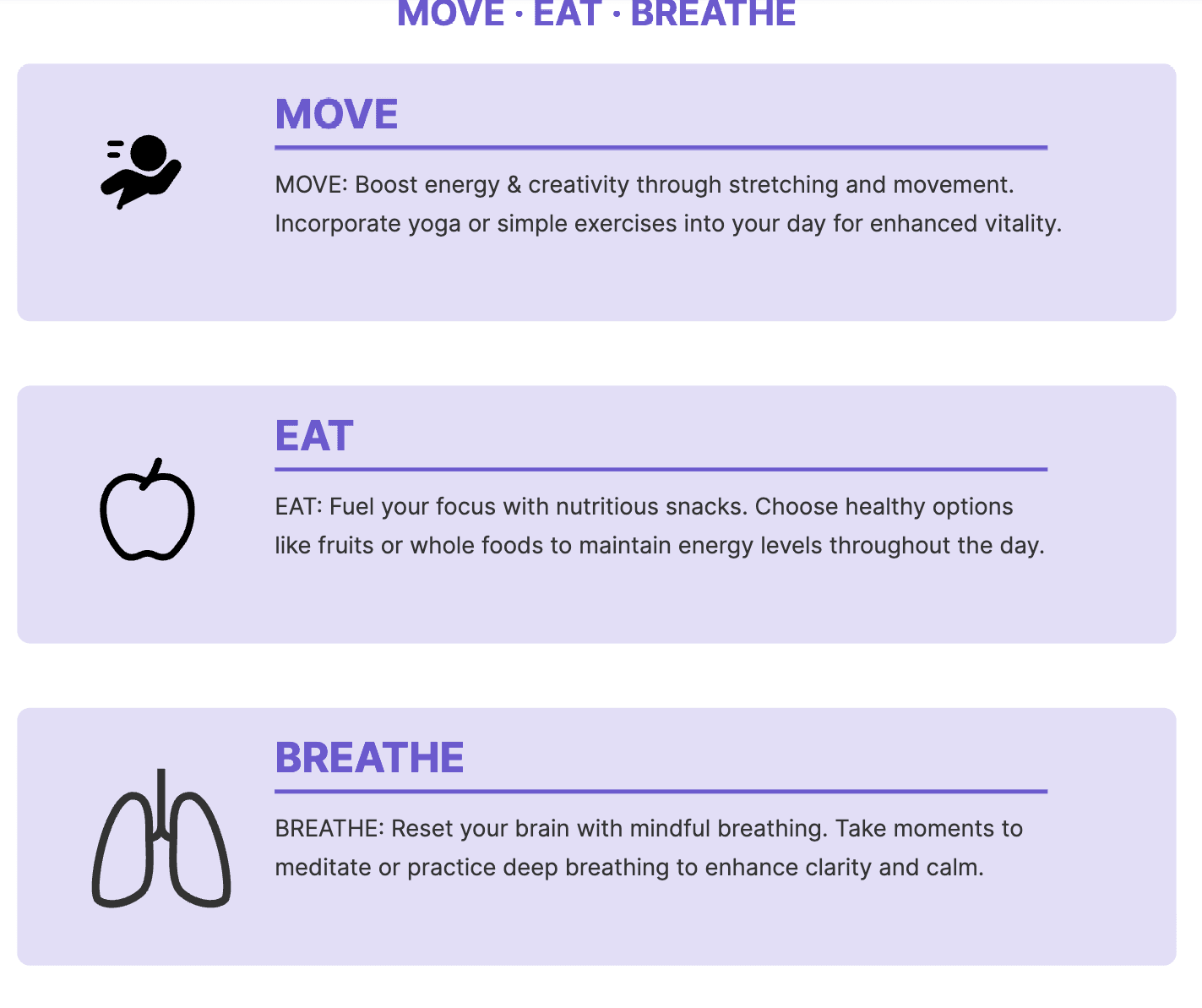 Minimalist triangle infographic showing Move, Eat, Breathe principles for better work-from-home productivity, with healthy eating and breathing visuals.